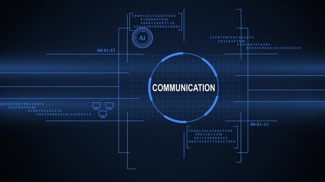Futuristic digital interface HUD featuring the word COMMUNICATION surrounded by data streams, AI icons, and networking graphics on a dark blue background.