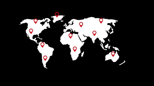 Global map with location pin for worldwide connection and coverage. World map visualization for travel routes, logistics tracking, and geographic data points. Location markers for global network