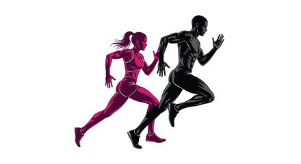 Obraz premium Stylized illustration of a fit man and woman sprinting together in dynamic athletic poses