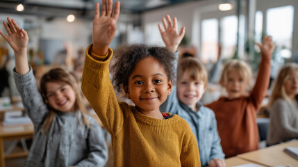 Fototapeta premium Diverse schoolchildren in classroom with hands raised eagerly, colorful attire and joyful expressions, lively engaging learning atmosphere, educational enthusiasm display, active