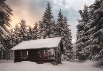 H&uuml;tte im verschneiten Wald / Inselsberg Th&uuml;ringen