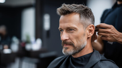 Obraz premium Experienced hair stylist creating modern haircut for mature man, salon professional service, men's grooming session, contemporary hairstyle creation, faceless stylist cutting,