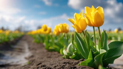 Obraz premium Bright Yellow Tulips Blooming Against a Summer Sky in a Garden