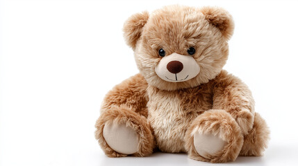 Fototapeta premium Cute teddy bear with friendly smile on white background, children's products imagery, toy advertising visual, nursery decoration item, plush companion display, childhood comfort