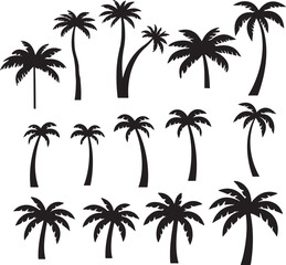 Fototapeta premium set of palm trees, palm, tree, tropical, vector, silhouette, beach, nature, leaf, illustration, summer, coconut, palm tree, island, plant, design, travel, pattern, sea, sun, palms, branch, palmtree