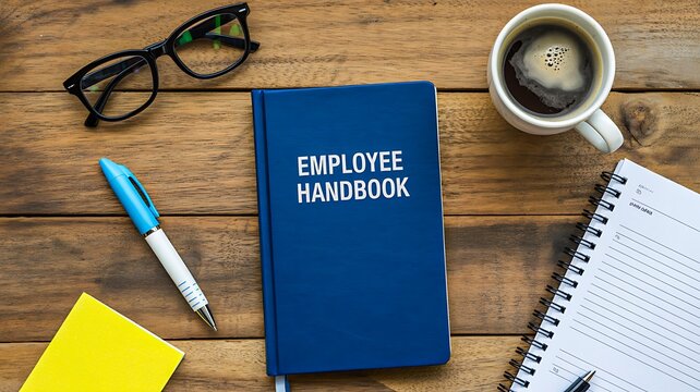 Employee handbook on office desk with work essentials
