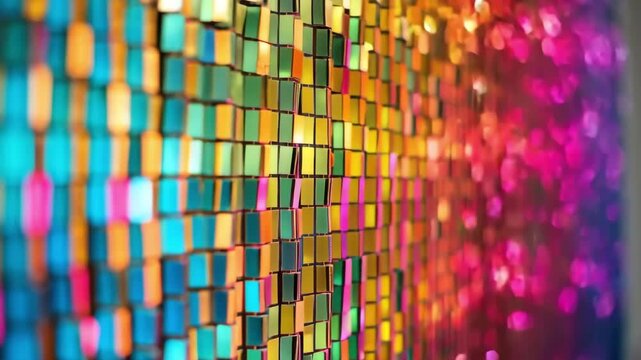 Vibrant geometric tiles revealing spectacular rainbow light reflections in motion