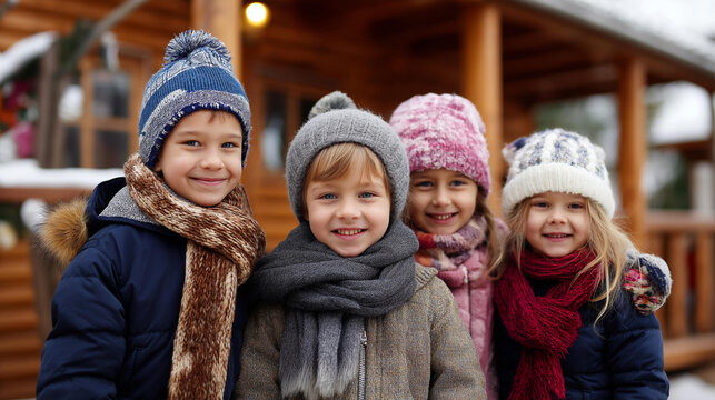 Children in winter clothes smiling in front of wooden house, winter childhood articles, family values imagery, outdoor activity scene, seasonal clothing display, cold weather joy,