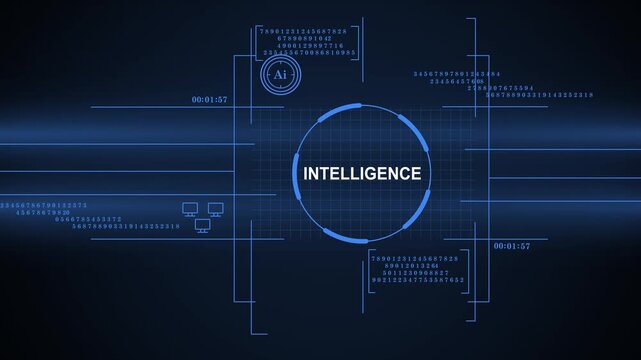 A high-tech digital heads-up display (HUD) featuring the word Intelligence surrounded by glowing blue data streams, numbers, and geometric UI elements on a dark background, representing AI technology.