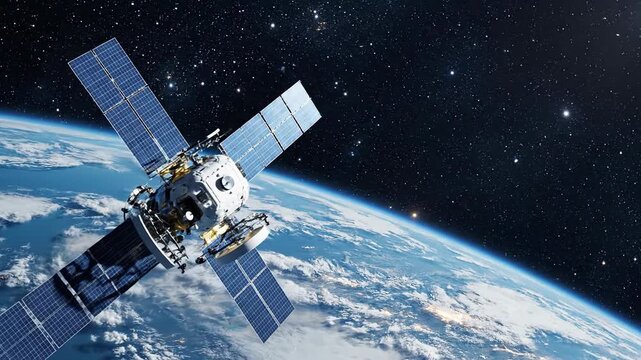 Modern communication satellite orbiting Earth, enabling global connectivity and telecommunication for science blogs, technology websites, aerospace education, and digital information exchange.
