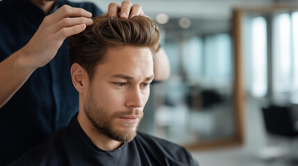 Obraz premium Determined stylist working on client's hair in modern salon close-up, focused beauty service, concentrated hair treatment, professional styling detail, faceless stylist working