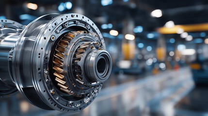 Fototapeta premium Detailed 3D engine model on display in industrial setting, mechanical rendering, engineering visualization, manufacturing environment, with copy space