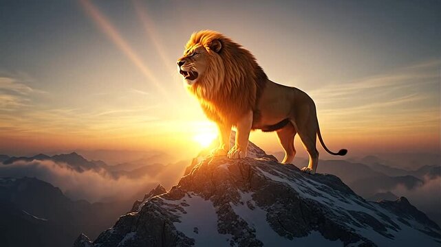 Majestic lion standing proudly on a snow-capped mountain peak during a dramatic sunset, symbolizing strength, leadership, and the wild.