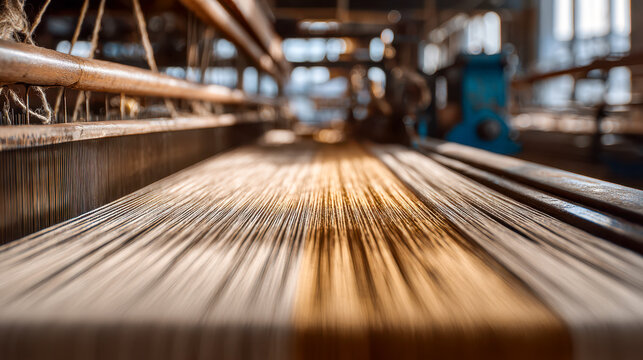 Vintage industrial weaving loom with threads stretched tightly in a warmly lit textile factory workshop environment showing craftsmanship and manufacturing process