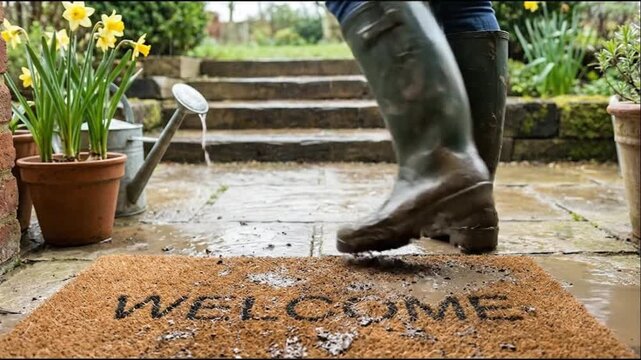 Muddy rubber boots are positioned on a welcome mat and wet patio with potted daffodils and a watering can nearby