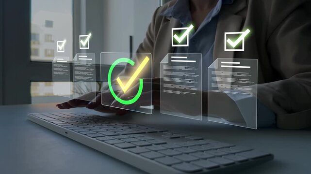 Business person checking digital documents on laptop with checklist approval icon, verification, workflow control, productivity and online document management.