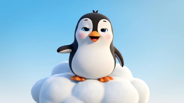 A cheerful 3d cartoon penguin chick is standing and smiling on a fluffy white cloud, rendered brightly against the vast blue sky.
