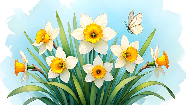 A white butterfly gracefully flies above a large cluster of white and yellow daffodils.
