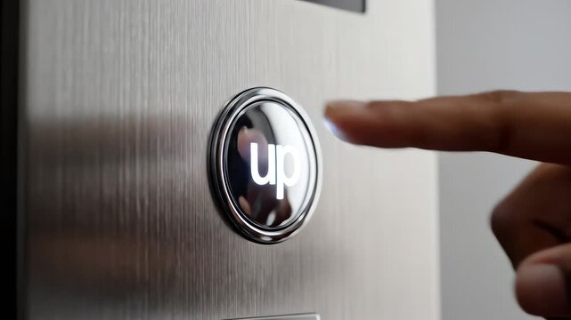 Dark finger pressing the illuminated "up" button on a sleek, metallic gray elevator control panel, captured in a detailed close-up.