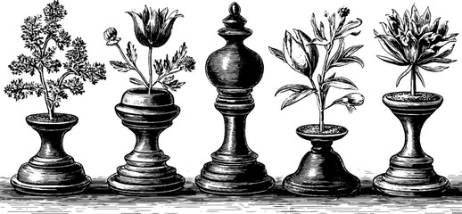 Obraz premium Classical vintage botanical engraving of decorative objects for design inspiration