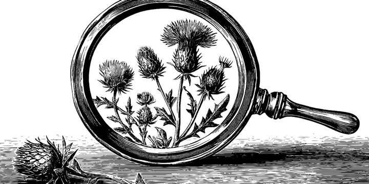 Classical vintage botanical mirror frame design featuring engraved thistle blooms