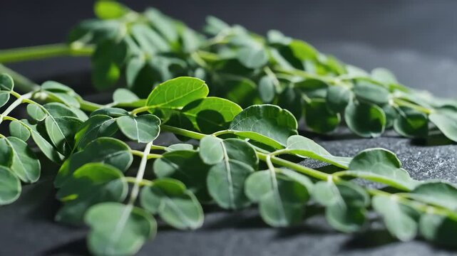 A detailed close-up shot captures vibrant green moringa oleifera leaves lying flat on a moody, dark slate background, highlighting the healthy superfood sprigs.