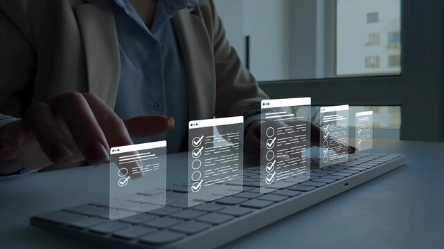 Business person in computer doing online data documentation checklist survey. Fast checklist,clipboard task business management.Productivity checklist and filling survey form online.	
