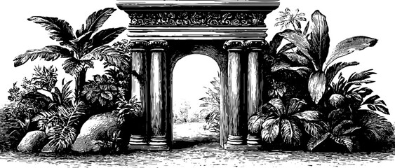 Obraz premium Classical doorway with columns surrounded by lush botanical engraving - vintage architectural illustration