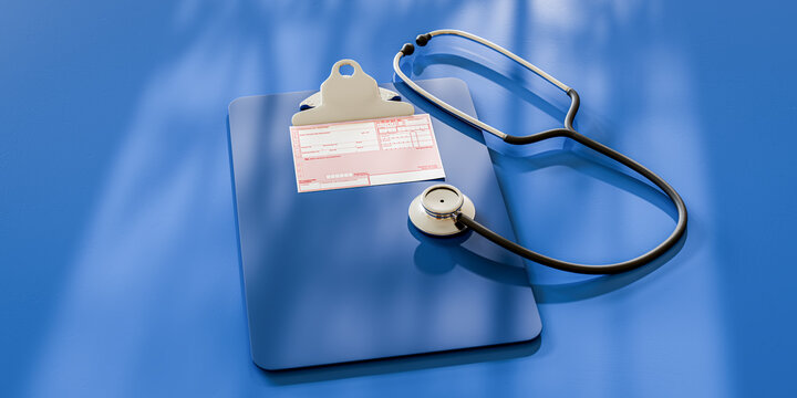 A German prescription form on a clipboard with a stethoscope on blue background