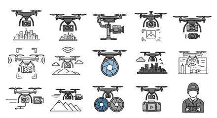 Set of linear vector icons depicting various aspects of drone technology, including aerial photography, video recording, and remote operation over diverse landscapes.