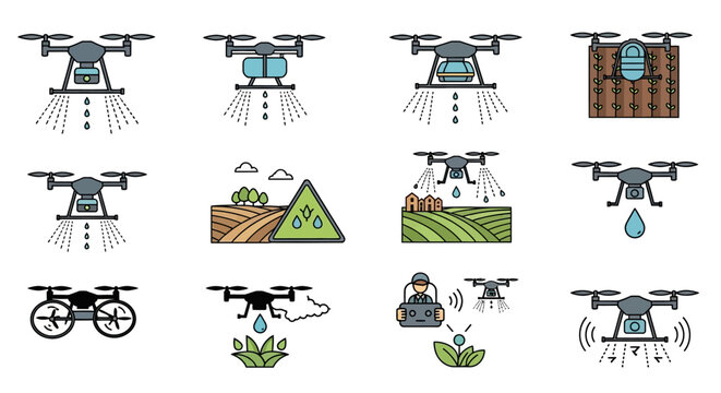 Set of colorful vector icons depicting agricultural drones performing various tasks like spraying, irrigation, and crop monitoring in smart farming.