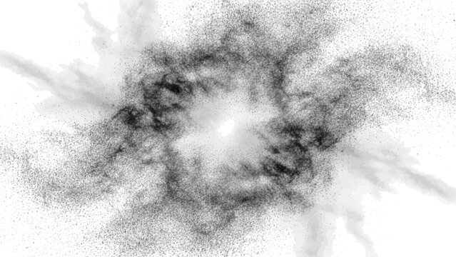 Explosive burst of black particles and dust radiating from center on white background symbolizing energy impact or dramatic collision for high speed photography and motion design assets