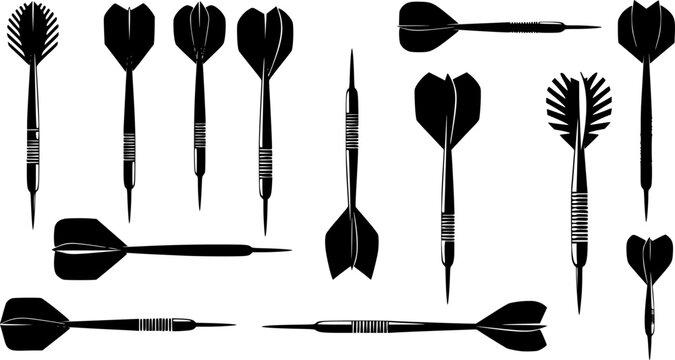 Vector illustration of various dart silhouettes with different flight shapes, black throwing darts icons for sports, game, competition, accuracy, target design