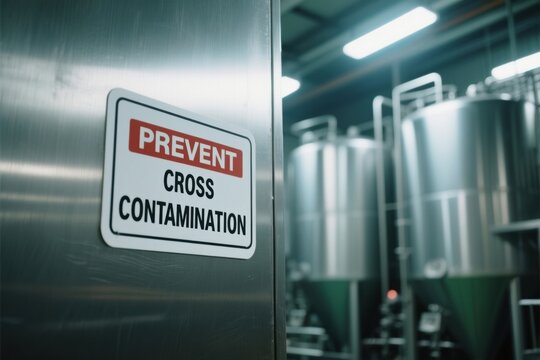 Prevent cross contamination sign in industrial food manufacture facility highlights importance of food safety quality control inspection and product technology for safe products