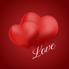 Romantic background with two 3D red hearts and the word "Love". 