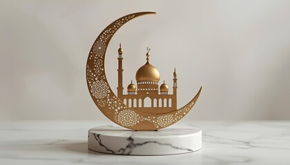 Golden Crescent Moon and Mosque Silhouette on Marble Podium