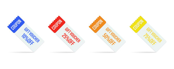 A set of coupon templates with a percentage discount, highlighted on a white background. Coupons for discounts of 10, 25, 50 and 75 percent when buying goods. A set of 3D vector gift certificate icons