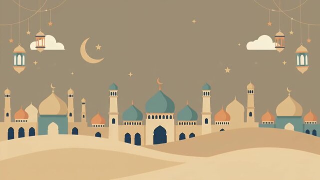 Flat vector illustration of islamic city skyline with mosque and hanging lanterns in desert