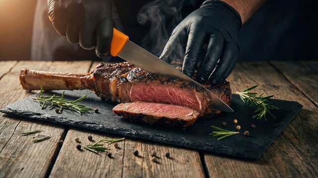 Professional chef slicing a steaming grilled tomahawk steak on a slate board with rosemary