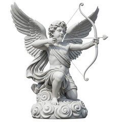 Obraz premium Elegant white cupid statue kneeling on sculpted clouds, angel of love aiming bow and arrow, isolated on white or transparent background. PNG format.