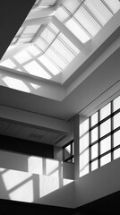Obraz premium Monochrome interior features a dramatic skylight, grid windows, and pronounced geometric shadows on walls now