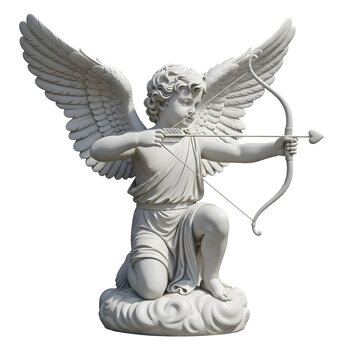 Elegant white cupid statue kneeling on sculpted clouds, angel of love aiming bow and arrow, isolated on white or transparent background. PNG format.