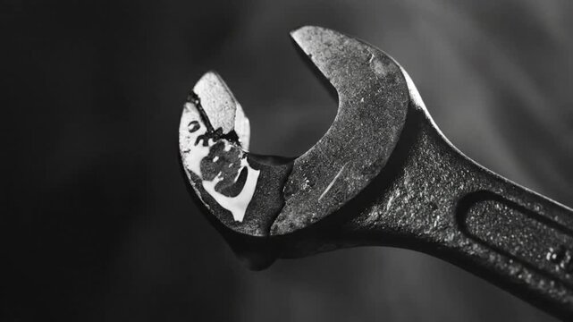 Black and white close-up of a wrench with a water droplet forming and falling from the tool.