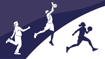 Dynamic basketball players in action on court with stylish silhouettes