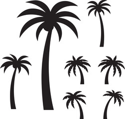 Fototapeta premium set of palm trees, palm, tree, tropical, vector, silhouette, beach, nature, leaf, illustration, summer, coconut, palm tree, island, plant, design, travel, pattern, sea, sun, palms, branch, palmtree