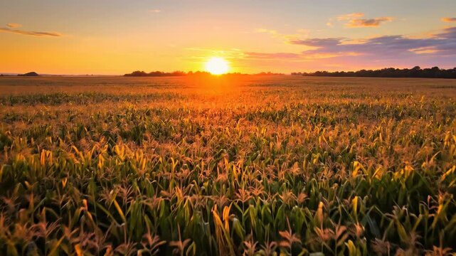 Golden Sunset Over Vast Cornfield at Dusk, Illuminating Agricultural Landscape