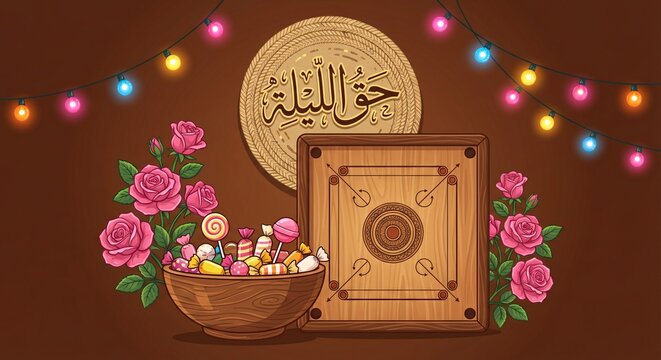 A festive scene with a wooden carrom board, pink roses, a bowl of colorful candies, string lights, and Arabic calligraphy.