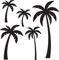 Fototapeta premium set of palm trees, palm, tree, tropical, vector, silhouette, beach, nature, leaf, illustration, summer, coconut, palm tree, island, plant, design, travel, pattern, sea, sun, palms, branch, palmtree