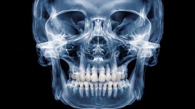 A skull with a white line down the middle of it. The white line is a representation of the jawline, and it separates the skull into two halves