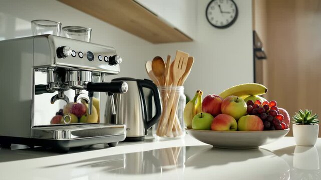 Still Life of Kitchen Counter With Espresso Machine, Kettle, Fruit Bowl and Utensils